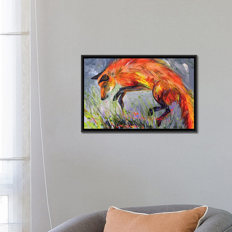 « spring fox », impression sur toile, H 18 po x l 26 po x P 1,5 po, Toile avec cadre noir, Pas de tapis