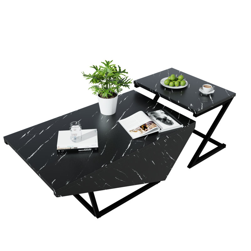 Wrought Studio Brandalynn 2-Piece Marble Top Nesting Coffee Table Set with Metal Frame, Black, Black