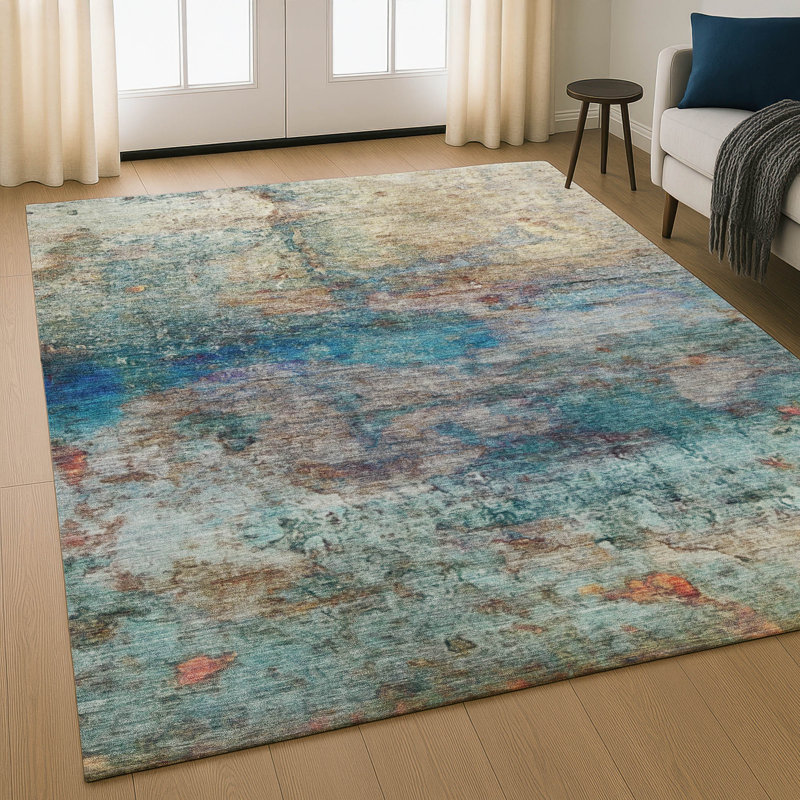 Tapis abstrait lavable à la machine de qualité supérieure Mayfield AMF2100, Sarcelle, 3 pi x 5 pi