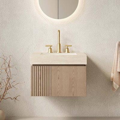Meuble-lavabo de luxe flottant avec plateau en pierre frittée Roma et rangement à fermeture en douceur