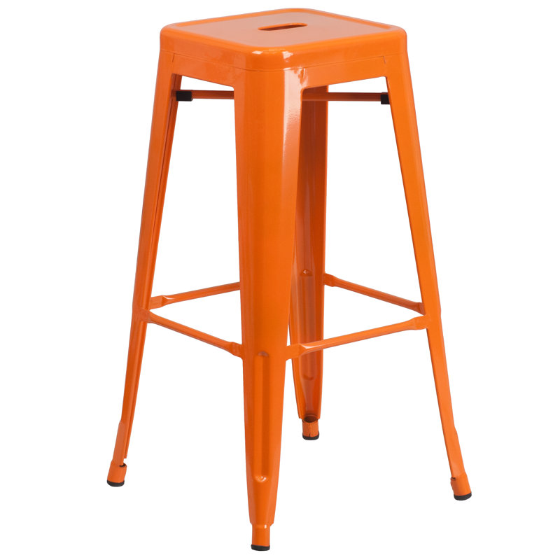 Gyeong 23.75'' Square Metal Indoor-Outdoor Bar Table Set with 2 Square Seat Stools, Orange