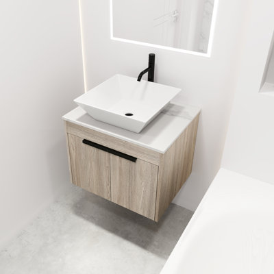 24" Contemporary Bathroom Vanity. White Oak With Ceramic Sink. Soft Close Door And Generous Storage Option In Vanity