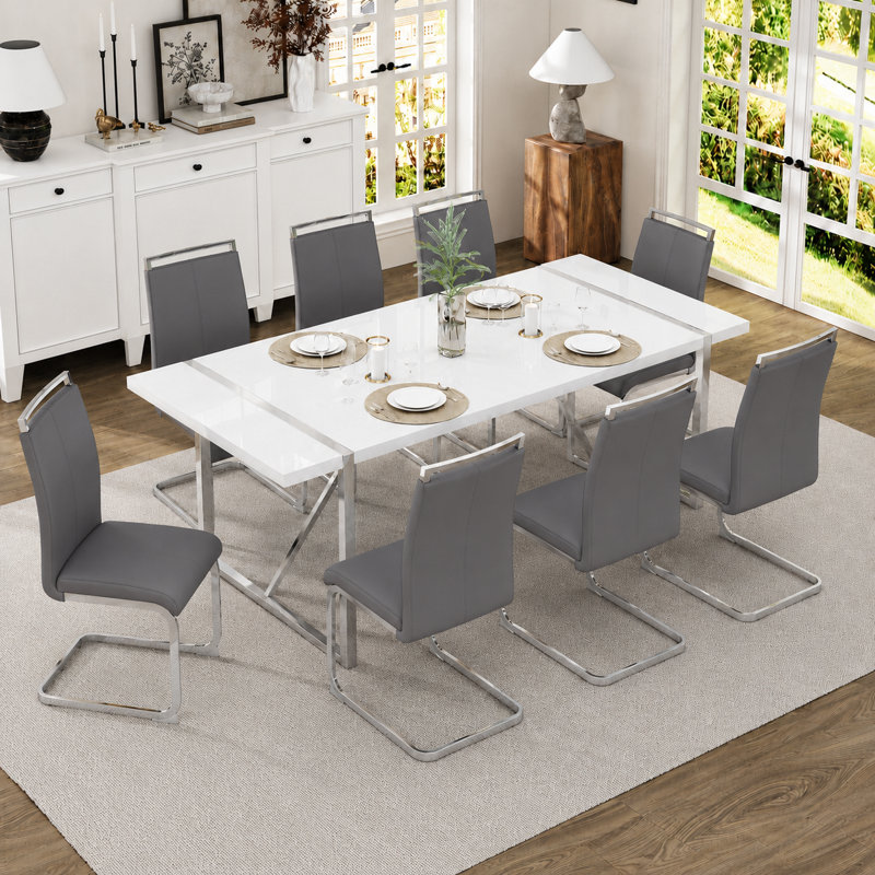 71" Modern Rectangular Dining Set with Geometric Metal Base and Faux Leather Cantilever Chairs, Gray, 9