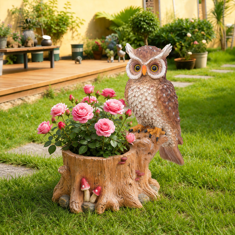 Jardinières hibou, décor rustique d'aspect bois de résine durable pour cour de véranda