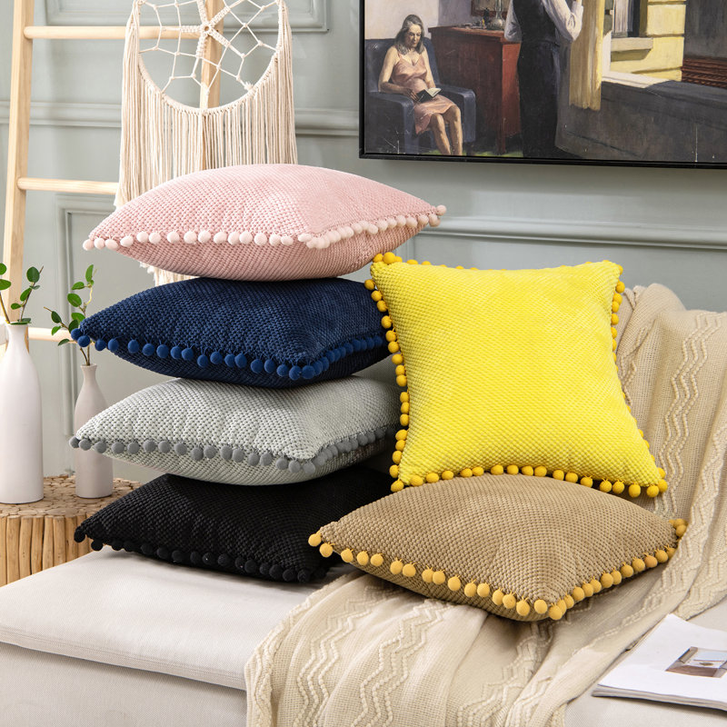  Coussin Pom-Poms, Housse de coussin seulement - sans coussin, Gris clair, 20 po x 20 po