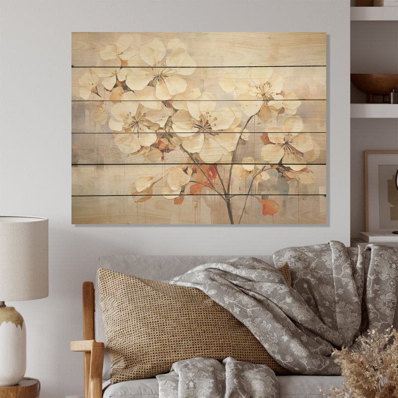 Minimalism Geraniums Efflorescence I - Geraniums Wood Wall Art On Natural Pine Wood, 30" H x 40" W
