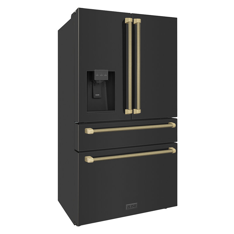ZLINE Autograph 36 in. Counter-Depth Fridge w/ Water Dispenser in Black Steel & Bronze Helix Handles, Champagne Bronze