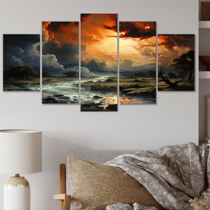 «Orange Storm Fleet Shadows», impression d'art mural paysages - 5 panneaux