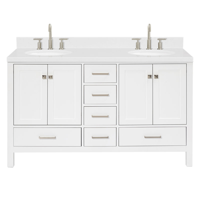 Cambridge 60.25'' Double Bathroom Vanity with Carrara Quartz Top, White / Brushed Nickel