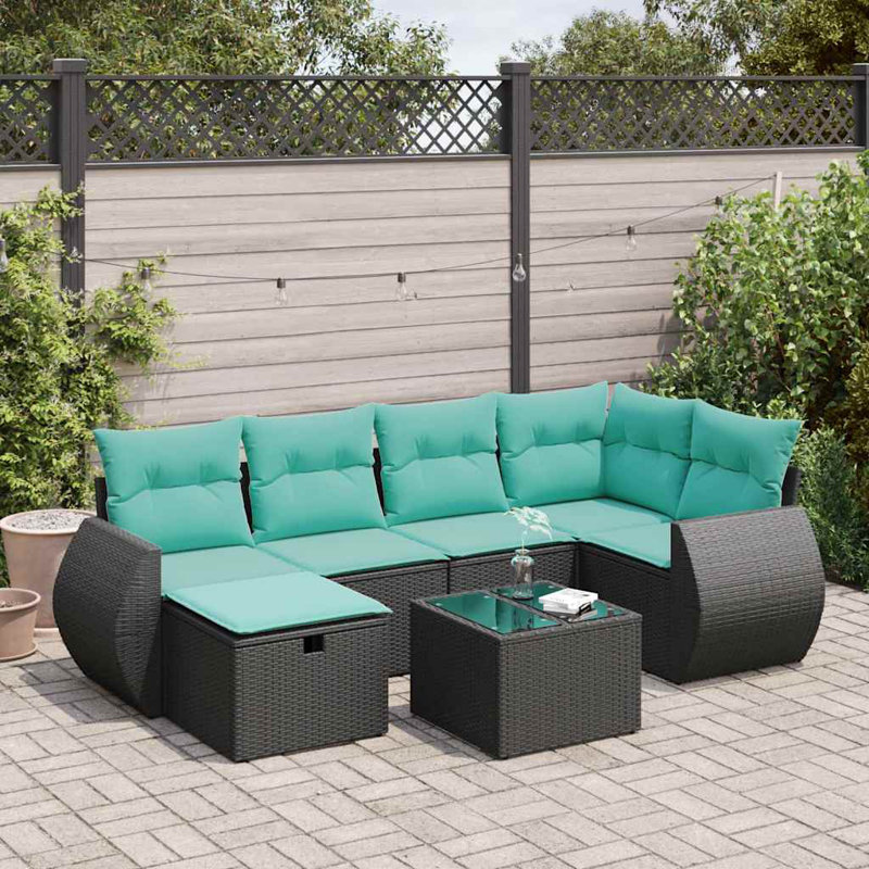  7 Piece Patio Sofa Set With Cushions Poly Rattan, Green, Black