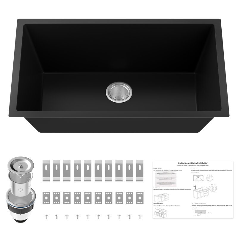 Black 30X18 Inch Undermount Kitchen Sink | Single Bowl Quartz Composite Sink | Non-Porous, Stain-Resistant & Easy Clean | Includes Strainer & Mounting Kit