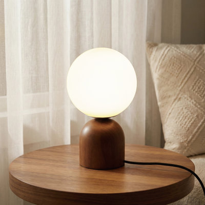 9.8'' Dimmable Opal Glass Globe Table Lamp with Walnut Rubber Wood Base and E12 Lamp Holder for Nightstands, Desks or Dining tables