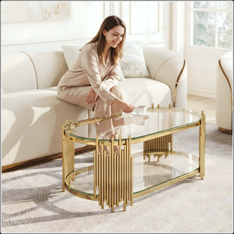Table basse ovale dorée avec tablettes en verre trempé à 2 niveaux, Clear / Gold