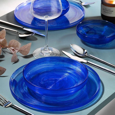 Elegant 18-Piece Dinner Set, Blue Glass | Includes 6 Service Plates (10.2 x 10.2 in), 6 Plates (7.5 x 7.5 in), 6 Bowls (5.5 x 5.5 in) | 100% Durable Glass, Perfect for Entertaining & Everyday Use | Not Dishwasher or Microwave Safe, Stylish Design