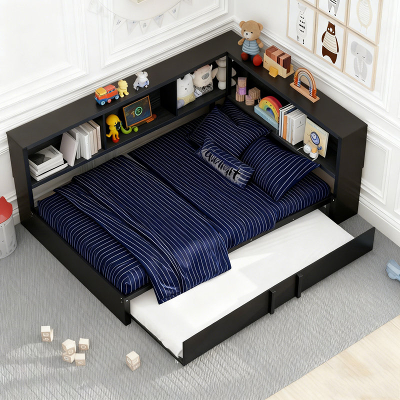 Lit de jour avec couchette, armoires de rangement et ports USB, Noir
