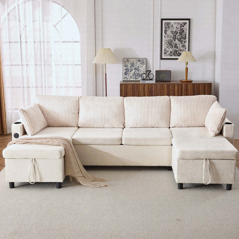 Canapé en chenille avec accoudoirs carrés, Beige