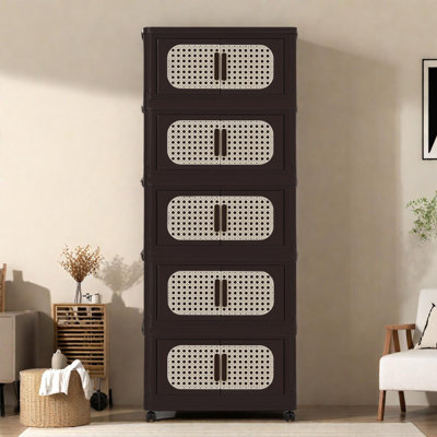 20" Side Wide Folding Storage Cabinet, 5 Tiers, Collapsible Bins with Magnetic Door, Wheels