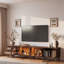 Meuble télé 86 po pour téléviseur de 90 po ou moins, meuble télé avec lumières à DEL contrôlées par une application, rangement pour porte en verre et en rotin, grande console multimédia avec tiroirs
