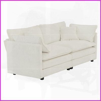 Causeuse moderne en chenille blanche pour le salon - structure en bois massif avec 4 coussins, confort d'assise profond