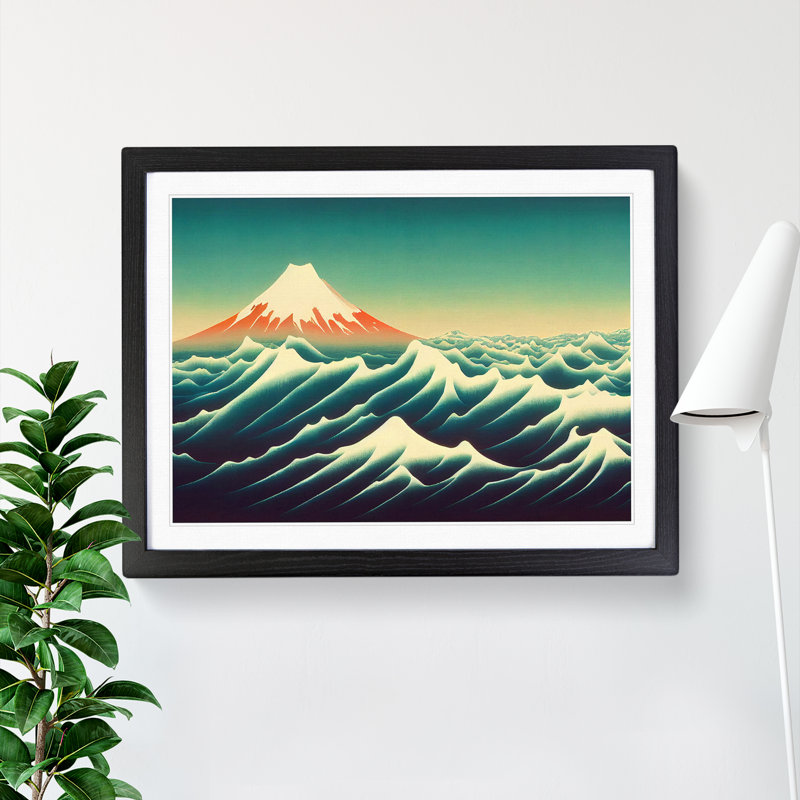 Idyllic Japanese Mountains - Single Picture Frame Painting, 46cm H x 64cm W x 2cm D, Black