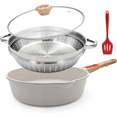 12-Inch Non Stick Deep Frying Pan Skillet with Steamer, 5 QT Nonstick Saute Pan with Lid & Detachable Handle