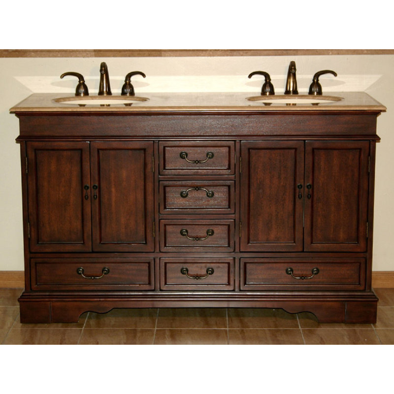 Ensemble de meuble-lavabo double 60 po Alberga, Pierre de travertin
