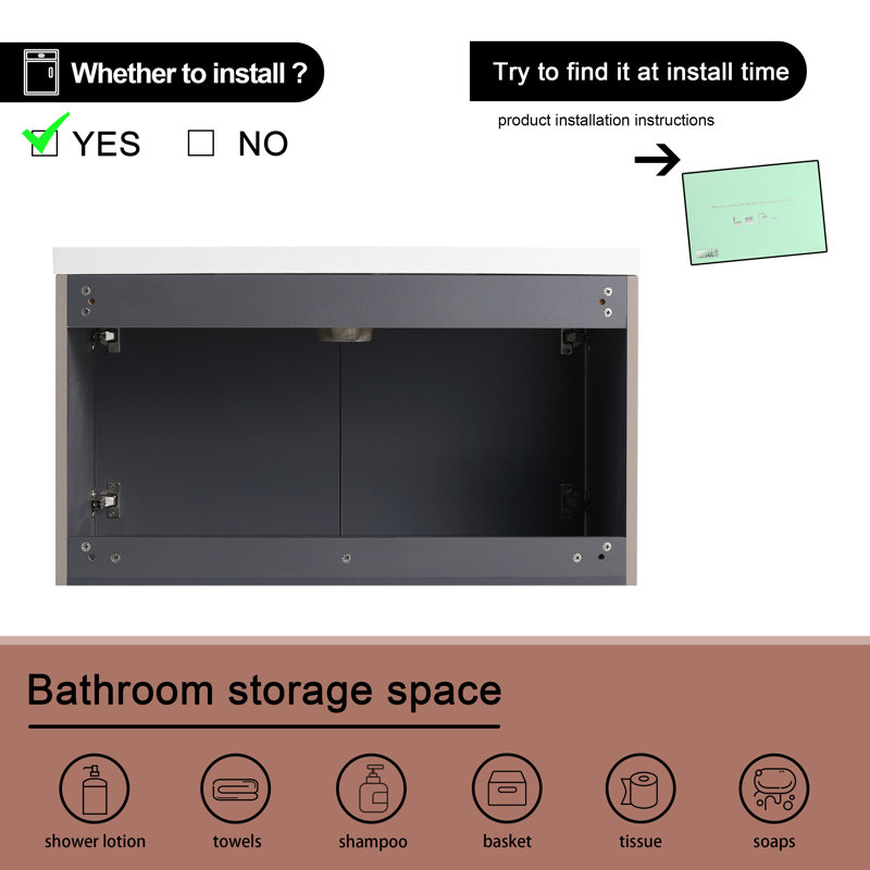 36'' Single Bathroom Vanity with Resin Top, Khaki