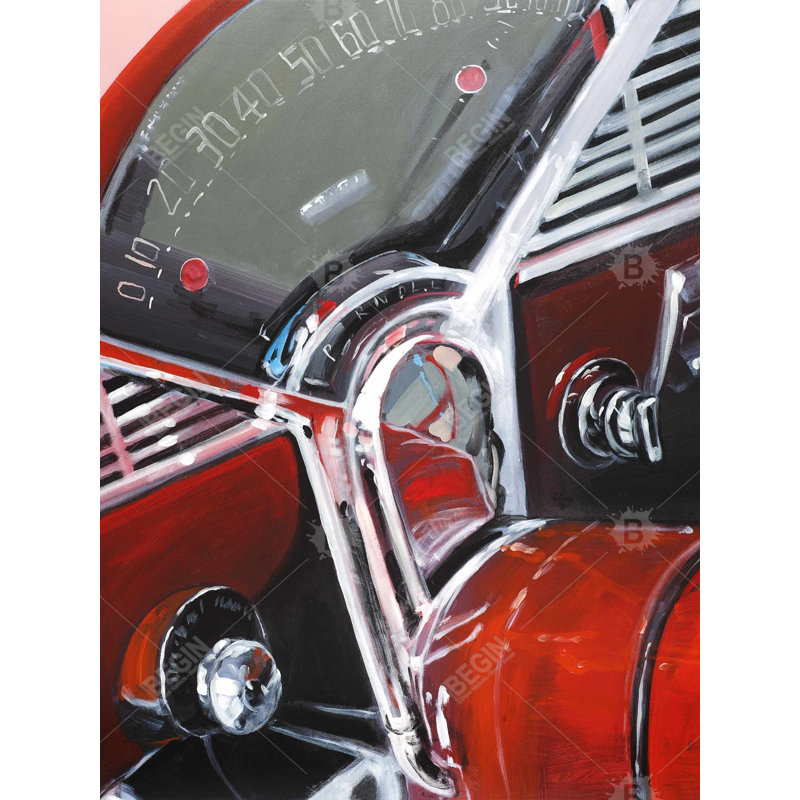Vintage Red Car Dashboard - Framed Canvas Home Decor