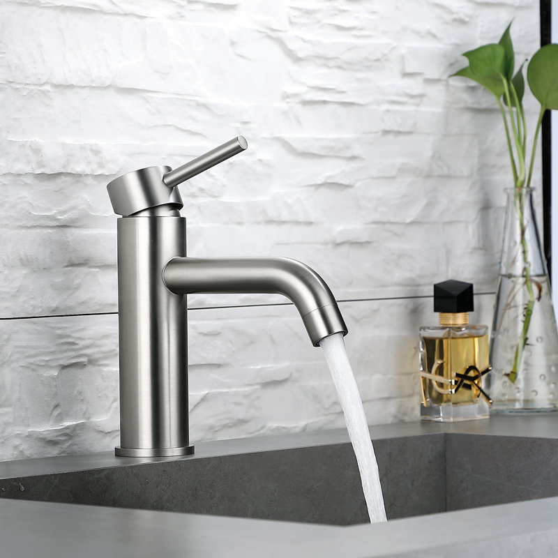 5.04" Deck Mounted Bathroom Sink Faucet, Solid Brass Single Hanlde Faucet, Brushed Nickel, Without Hot/Cold Indicator