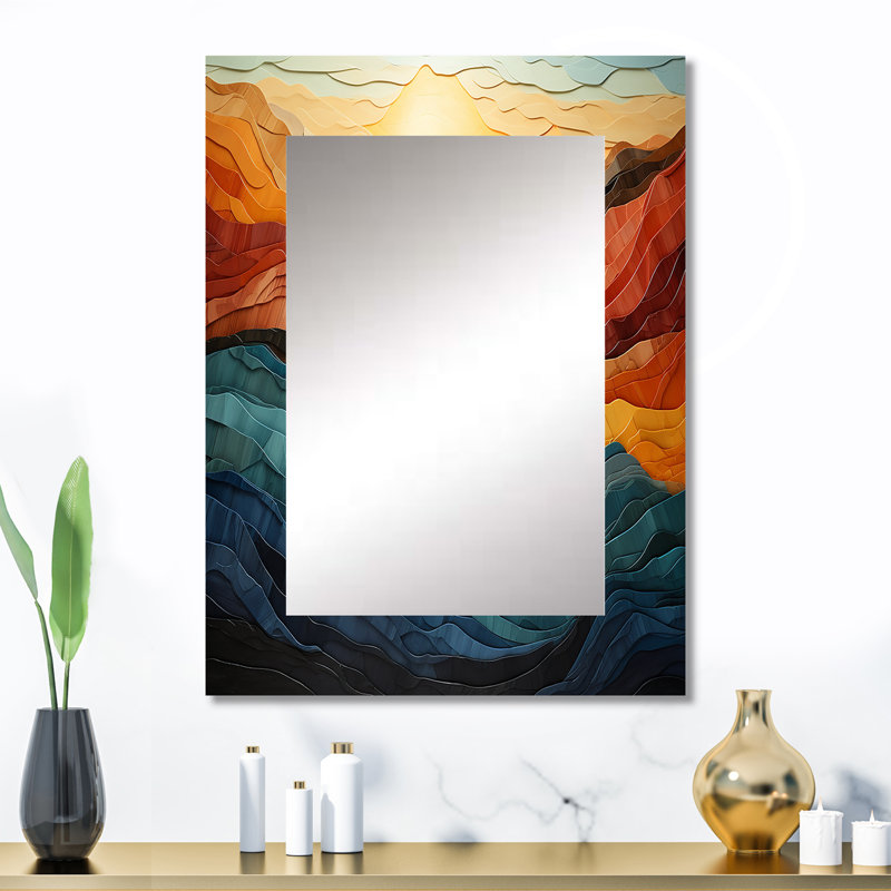 Coral Teal Bold Mountains Landscape - Mountains Unique Wall Mirror, Traditional Mirror, Printed Metal Art, 32" x 24"