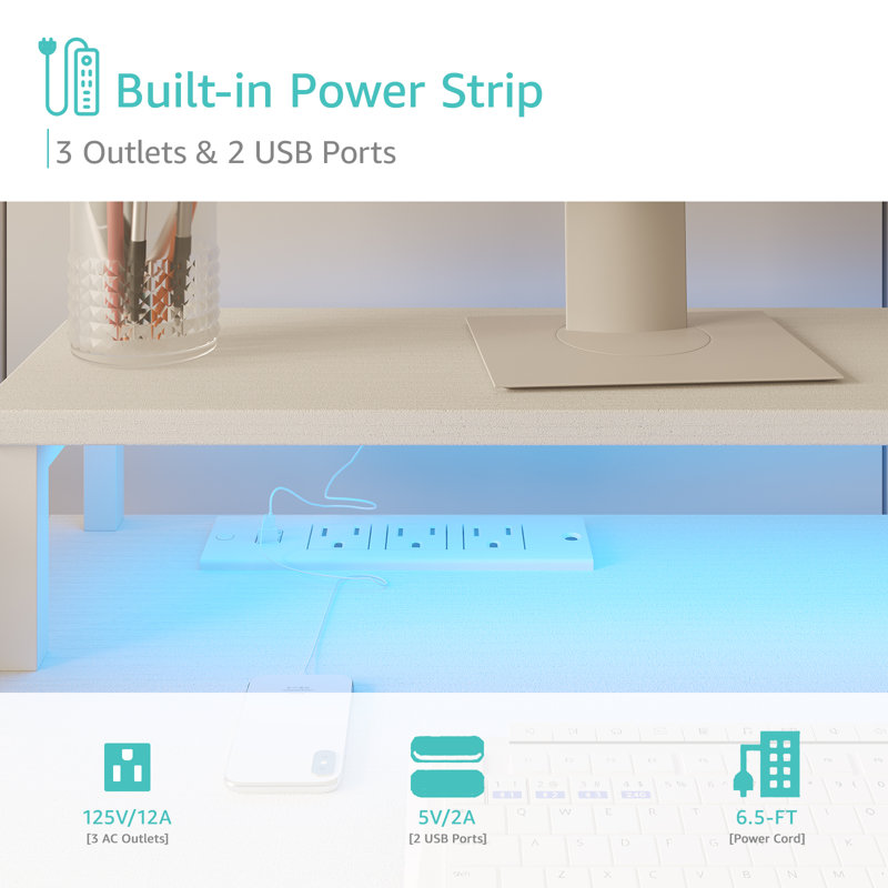 Built-In Outlets Computer Desk With Storage Shelves &  File Drawers Cabinet