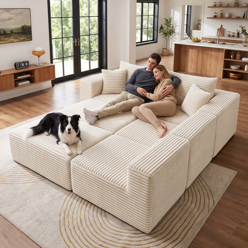 Canapé d'angle modulaire en forme de U de 137 pouces, canapé Cloud en velours côtelé compressé 6 pièces avec modules amovibles, assise profonde, aucun assemblage requis