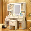 Meuble-lavabo de 41,4 po avec miroir et lumières, table de maquillage avec 5 tiroirs et 4 armoires, coiffeuse avec station de charge et tabouret de rangement rembourré pour la chambre à coucher