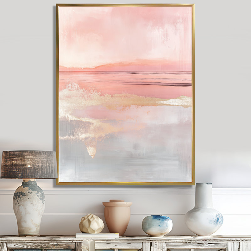 Art mural sur toile Blush Tide Sunset Charm III - horizon rose, Cadre flottant doré, H 32 po x l 16 po