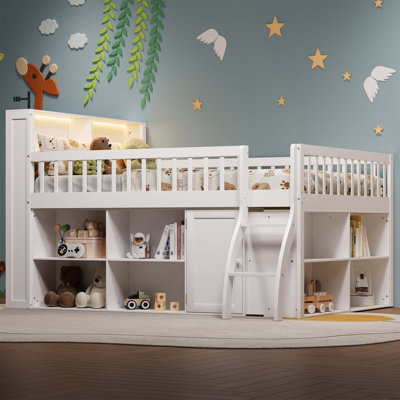 Full Size Loft Bed With Storage, Headboard With LED Light, White