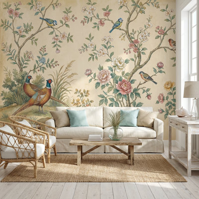 Papier peint floral oiseaux rétro