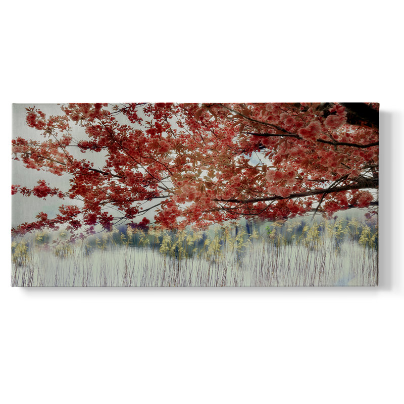 Sakura sur le lac II - Toile tendue avec châssis encadré - Prêt à être accroché, H 25 po x l 49 po, Doré