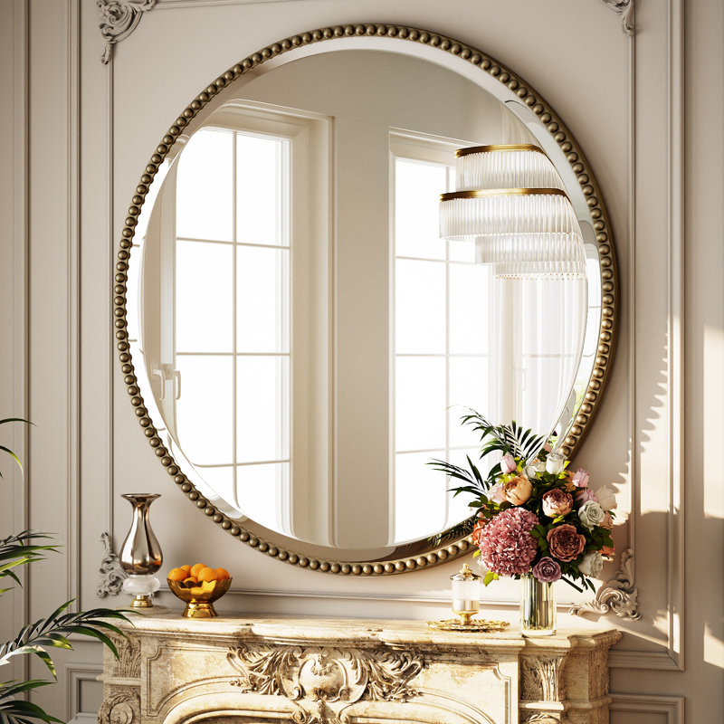 Beaded Round Wall Mirror Decorative Vanity Bathroom Mirror With Resin Frame, 36" H x 36" W, Beige
