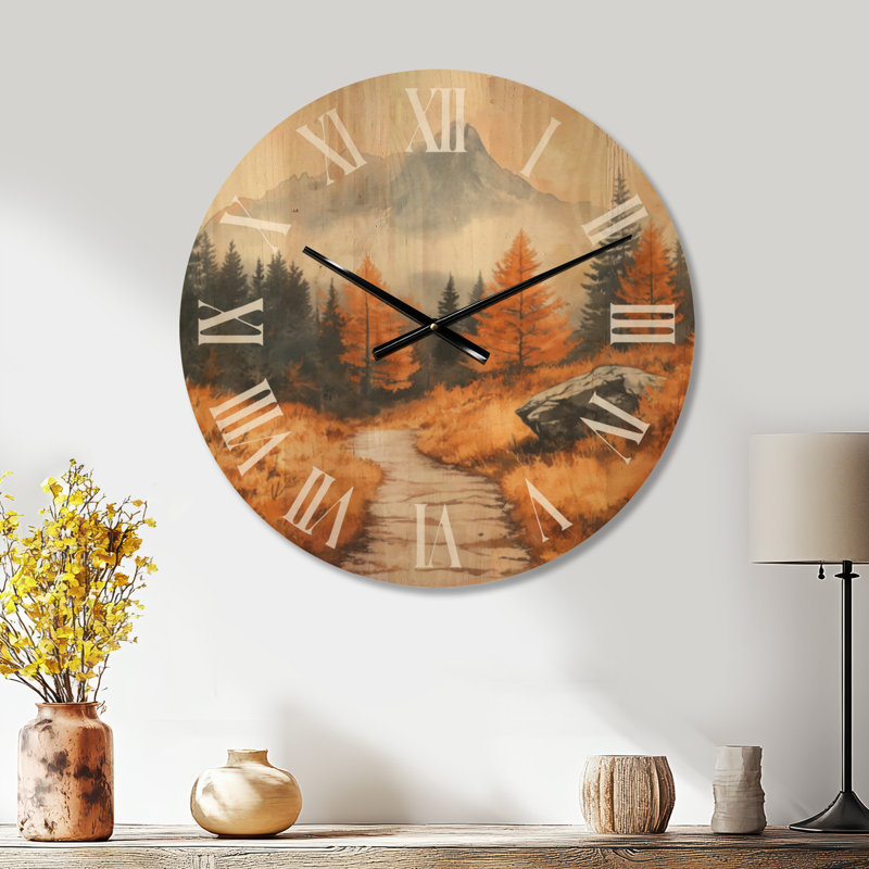 Très grande horloge murale en bois naturel - Randonnée d'automne dans un sentier de montagne, Medium