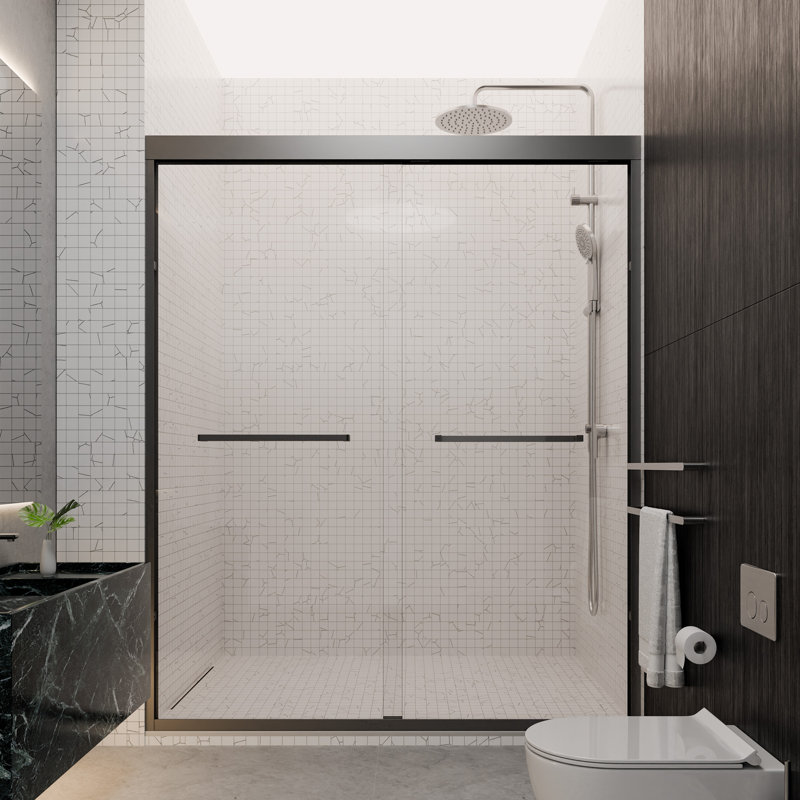 56"-60"W*70" H Semi-Frameless Double Sliding Shower Door, Bypass Shower Door, 1/4" (6Mm) Thick SGCC Tempered Glass Door, Mattle Black
