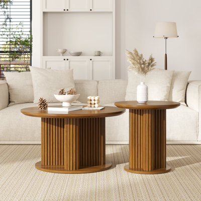 Mid Century Modern Nesting Coffee Table Set of 2, Fluted Round Center Table, Walnut