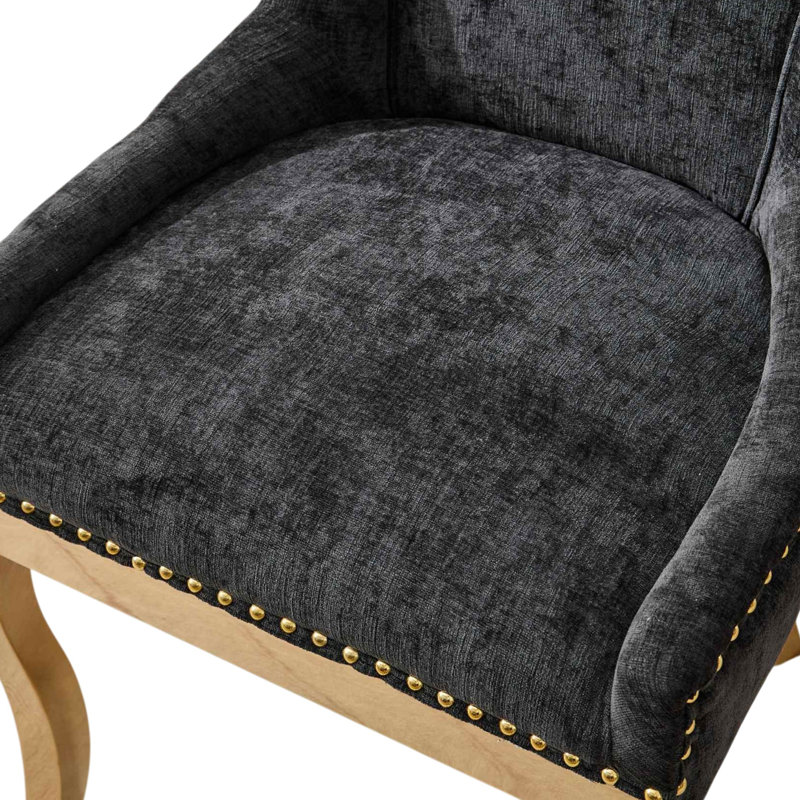 Thickened Fabric Upholstered Wooden Nailhead Dining Chair, Black, 2, Gold