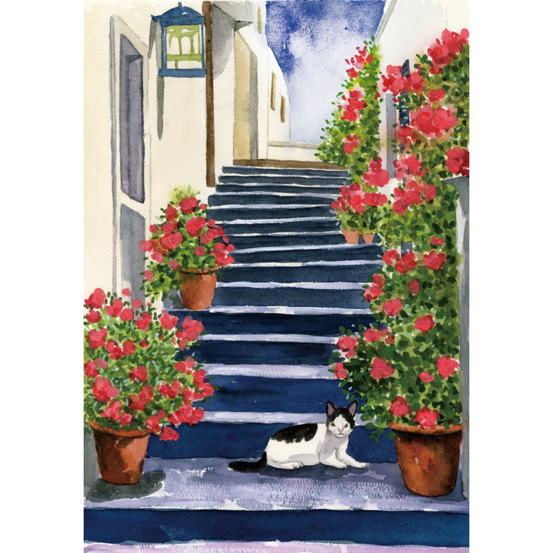 Escalier tropical avec un chat par Inconnu, Papier avec cadre unique doré, H 18 po x l 12 po, Pas de tapis