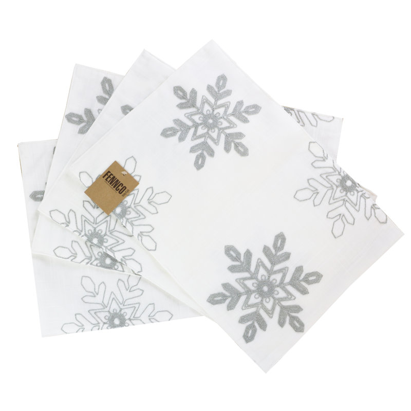 Napperons en flocons de neige brodés argent et blanc, ensemble de 4