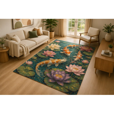 "Ultra Thin" 5' x 7'Koi Fish Lotus Pond Area Rug for Living Room, Soft Low Pile Indoor Rug with Non-Slip Silicone Backing, Water Garden Decor for Bedroom, Dining Room, Family Room, Kids & Pets, Teal