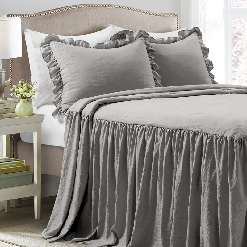 Reyna Microfiber Ruffle Skirt Bedspread Set, Queen Bedspread + 2 Standard Shams, Dark Gray