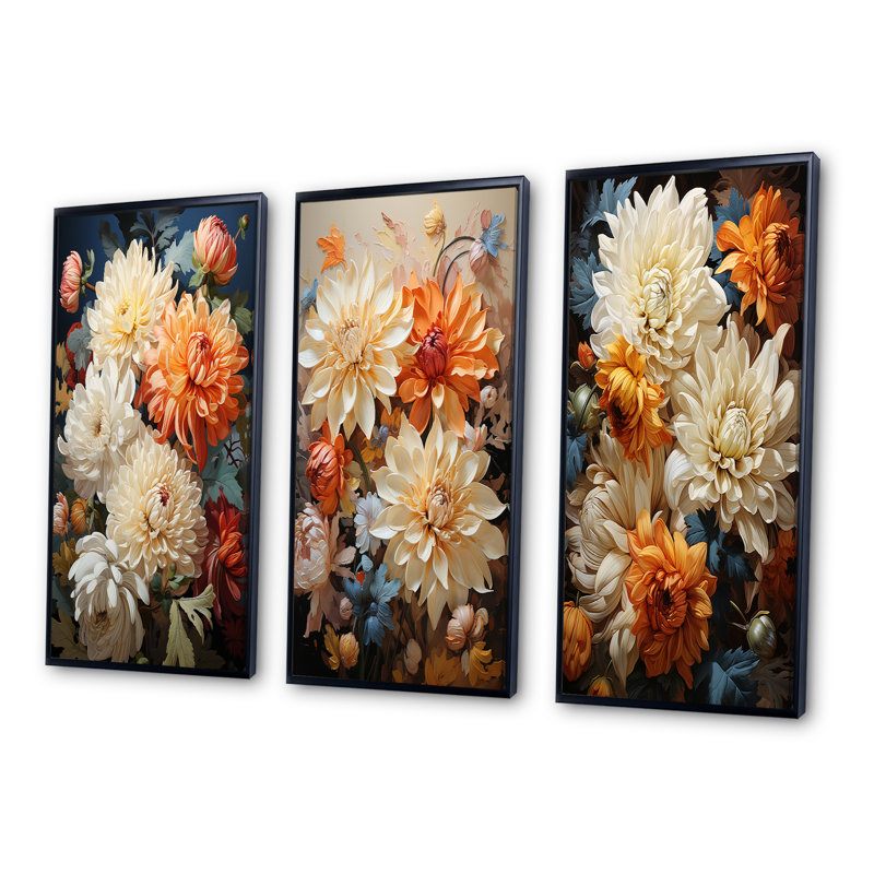«Chrysanthemums Autumn Collage», 3 pièces sur toile, Cadre noir, H 32 po x l 48 po