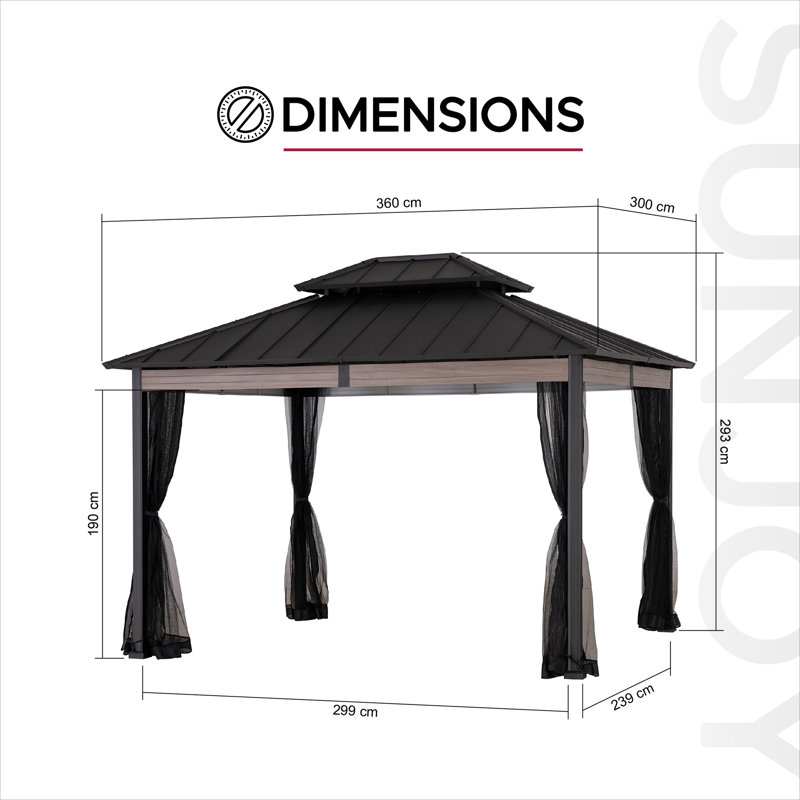 Sunjoy 3.6m X 3m Heavy-duty Hardtop Gazebo With Mosquito Netting & Wood-look Beams