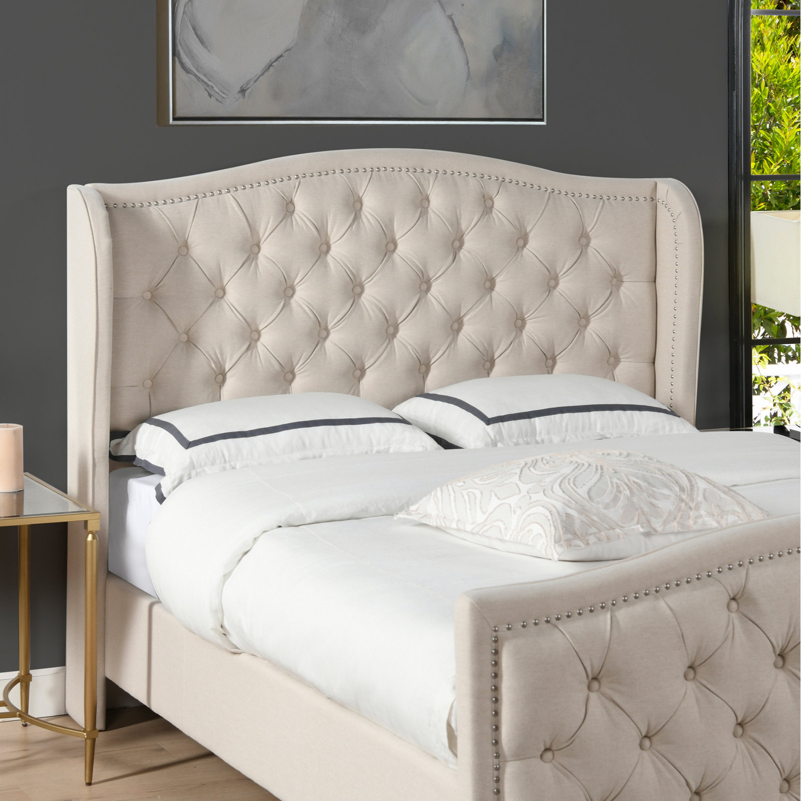 Coleman Velvet Upholstered Wingback Bed, Queen, Sky Neutral Beige Velvet