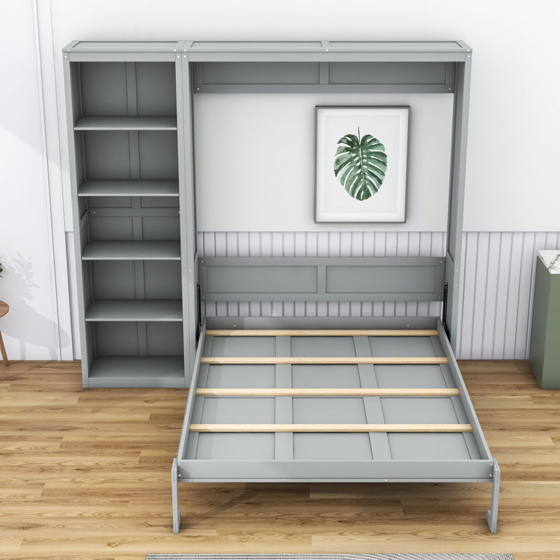 Lit escamotable mural Ell Elletsville avec tablettes, gris, Double